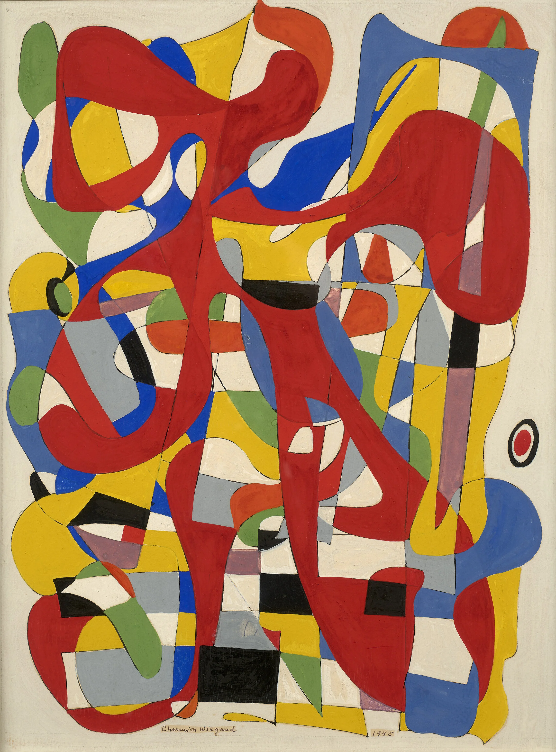 Abstract paintings of telescopic forms in red, blue, green, yellow, black, white, and gray