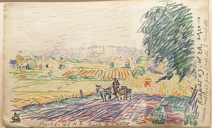 Color drawing of a figure in a horse-drawn carriage on Morris Canal Road, from Garfield to Richfield, New Jersey.