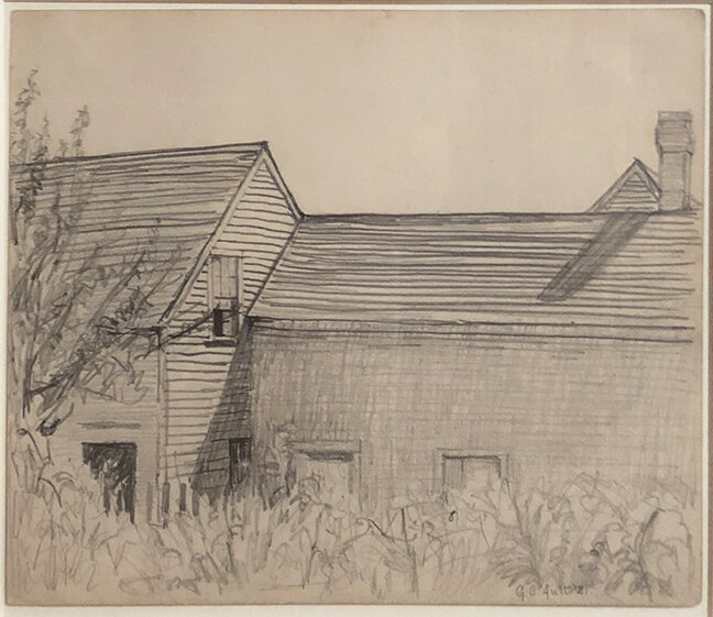 Drawing of a house and a barn in a field