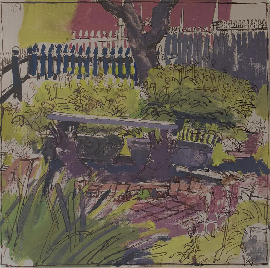 Gouache of a garden with a bench surrounded by plants, a fence, and a tree in the background
