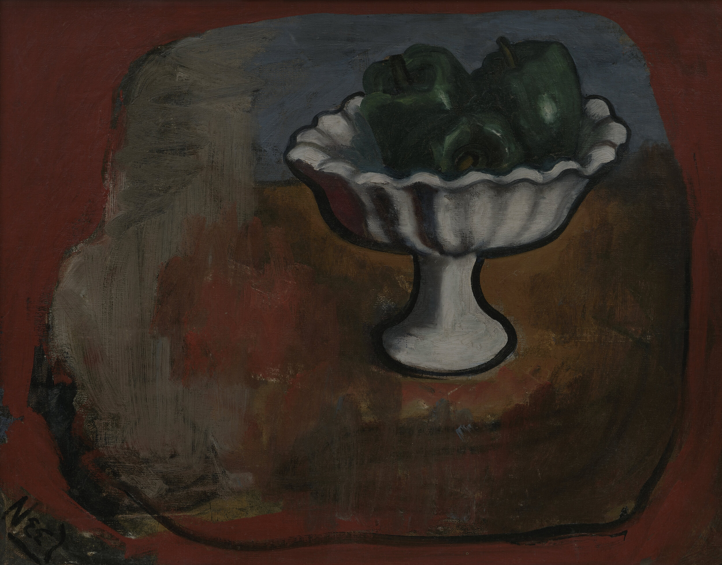 Still life of green peppers in white bowl with a dark red background