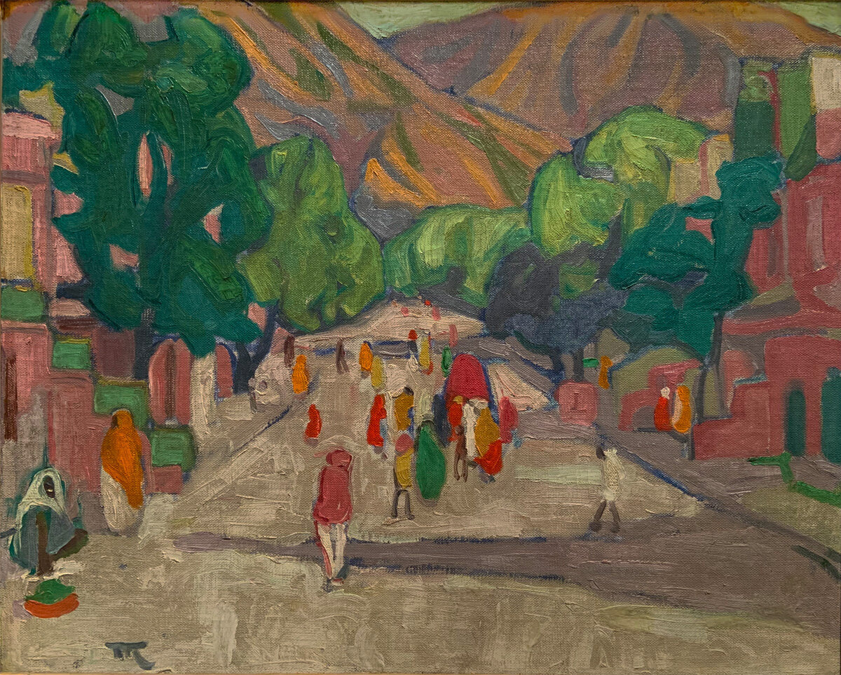 Image of figures walking down the street in India by Marguerite Zorach