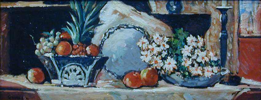 Still life of pineapple and flowers on a table