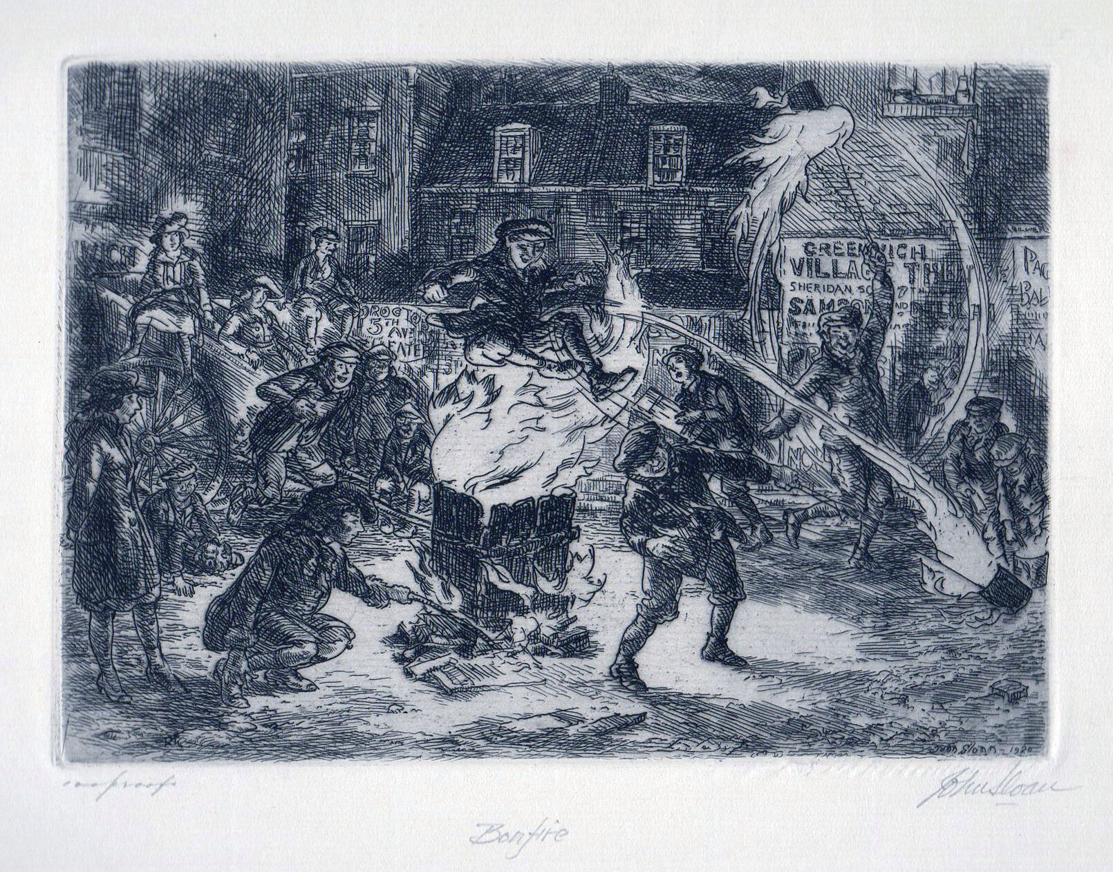 etching of crowd around a bonfire, man jumping over fire