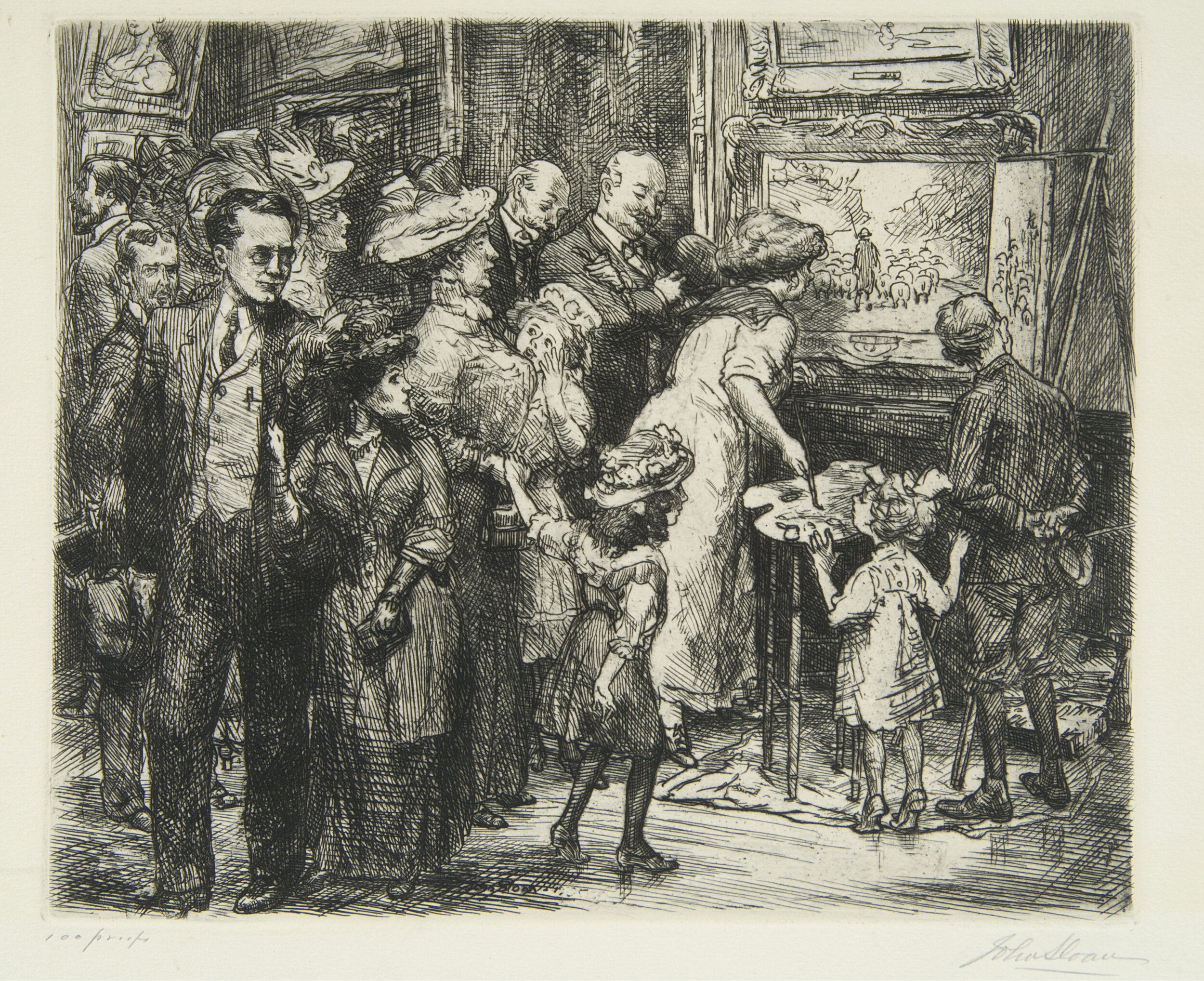 etching of a crowd of people looking at a painting