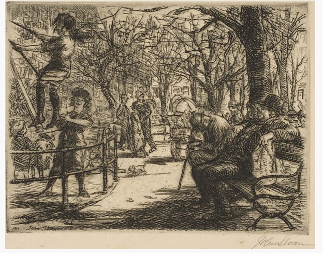 Etching of people sitting and two girls playing on swings in Washington Square Park