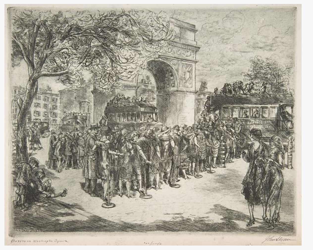 etching of people waiting in line for busses in Washington Square Park