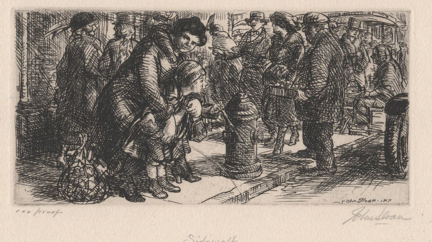 People on sidewalk, little boy peeing next to fire hydrant