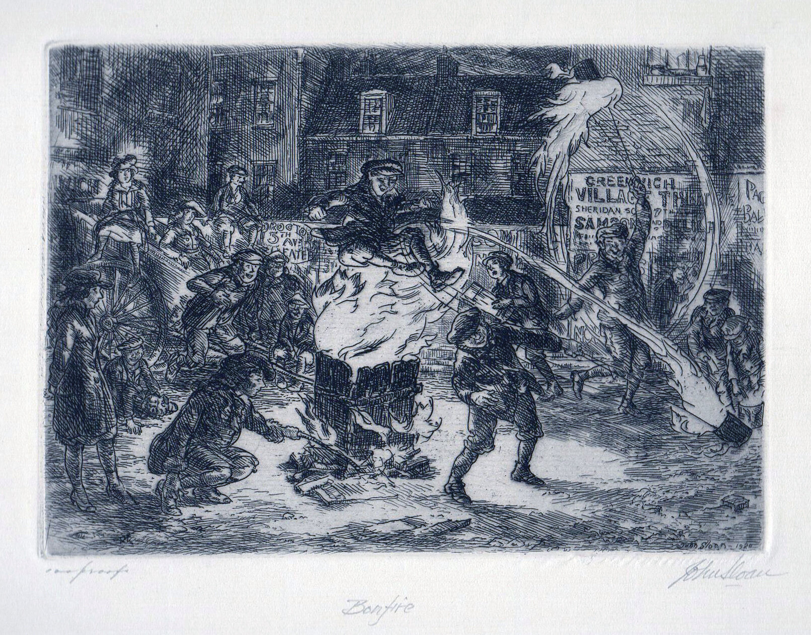 Etching of people around bonfire, one man jumping over the flames