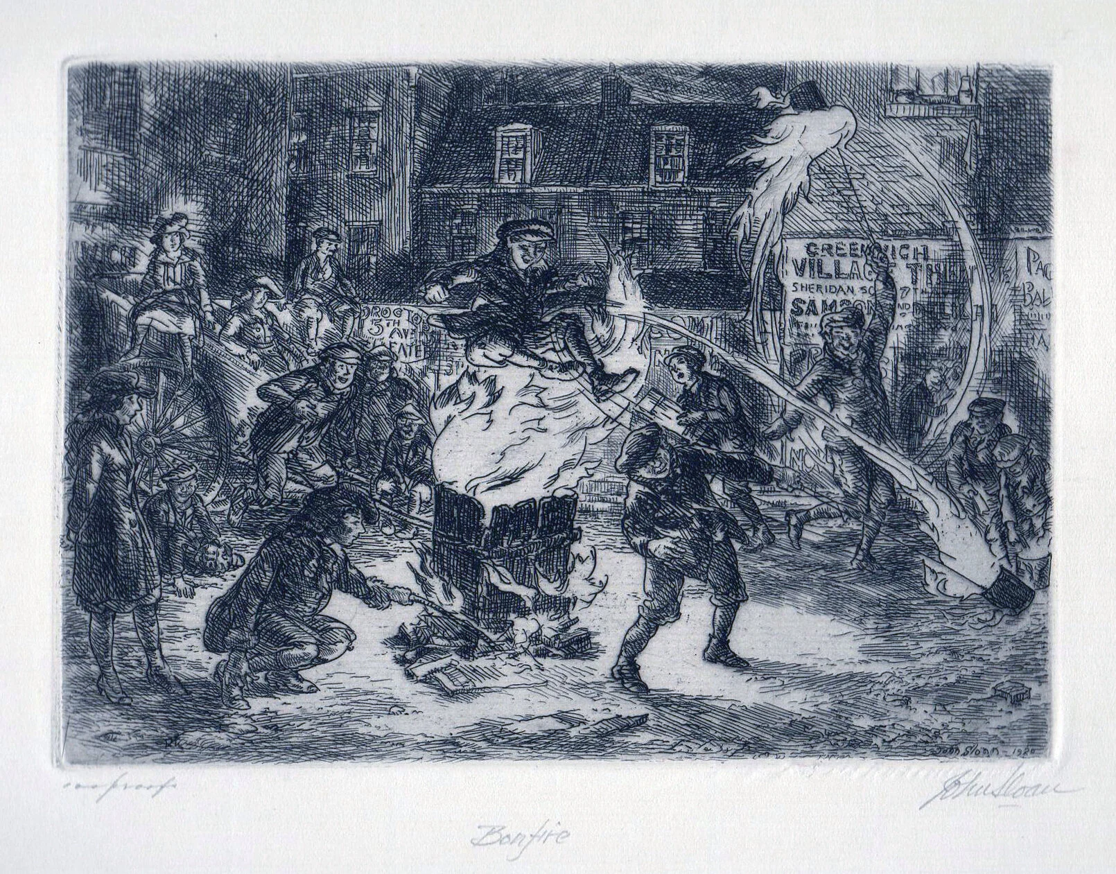 Etching of people around bonfire, one man jumping over the flames