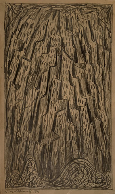 Black crayon drawing of abstracted tall buildings