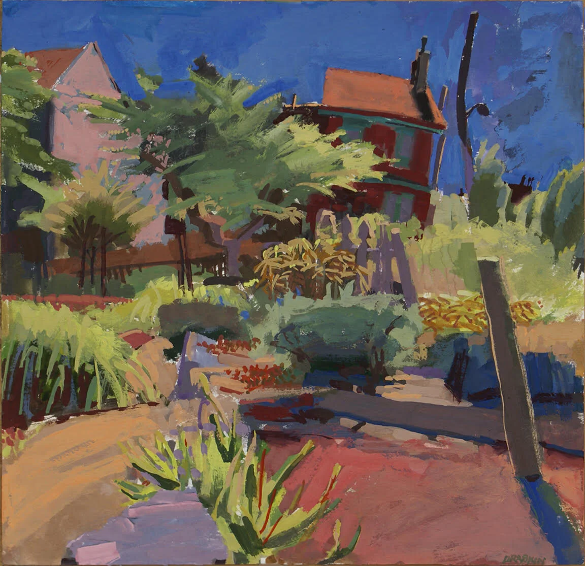 Gouache of green backyard garden with red house in background and brown fences