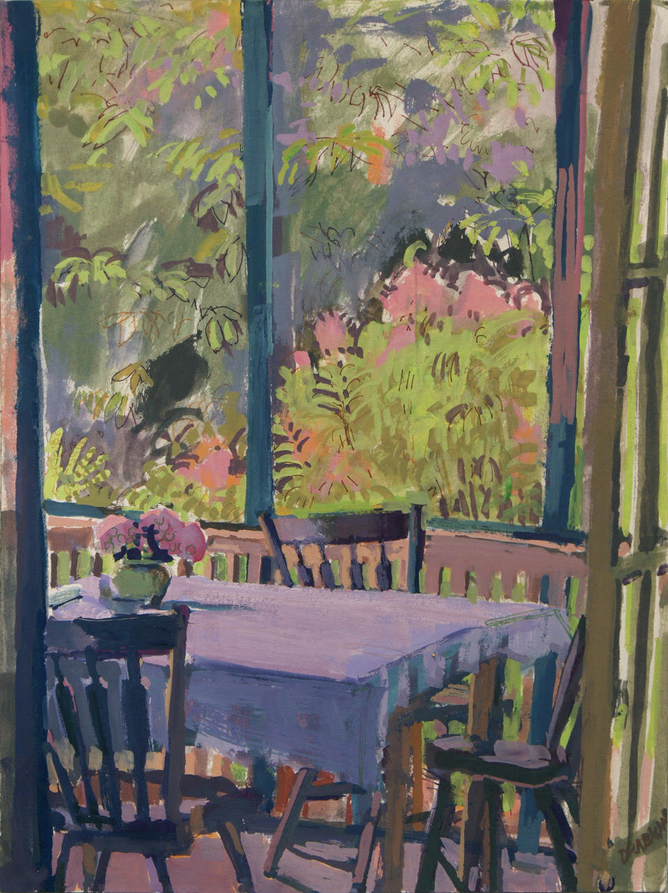 Gouache painting of table with table cloth with a garden in the background