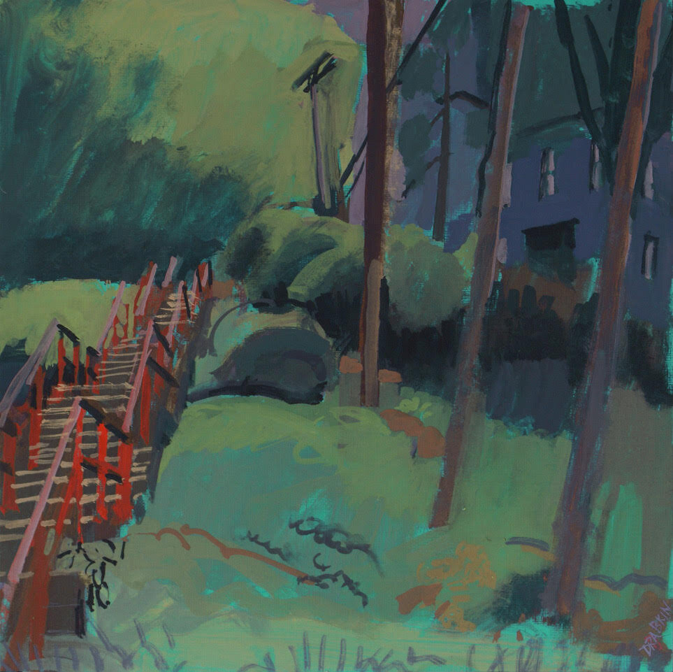 gouache painting of green bushes and trees. A set of stairs with red railings leading to a building in the background