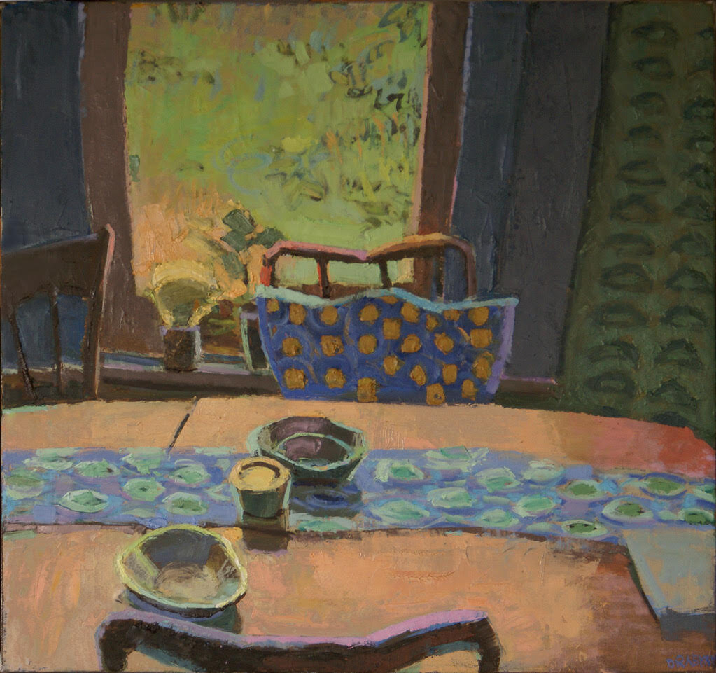 Gouache painting of table in front of window with a blue pok-a-dot cloth laying across.