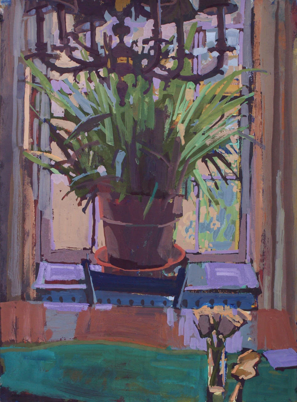 Gouache painting of a plant in front of window