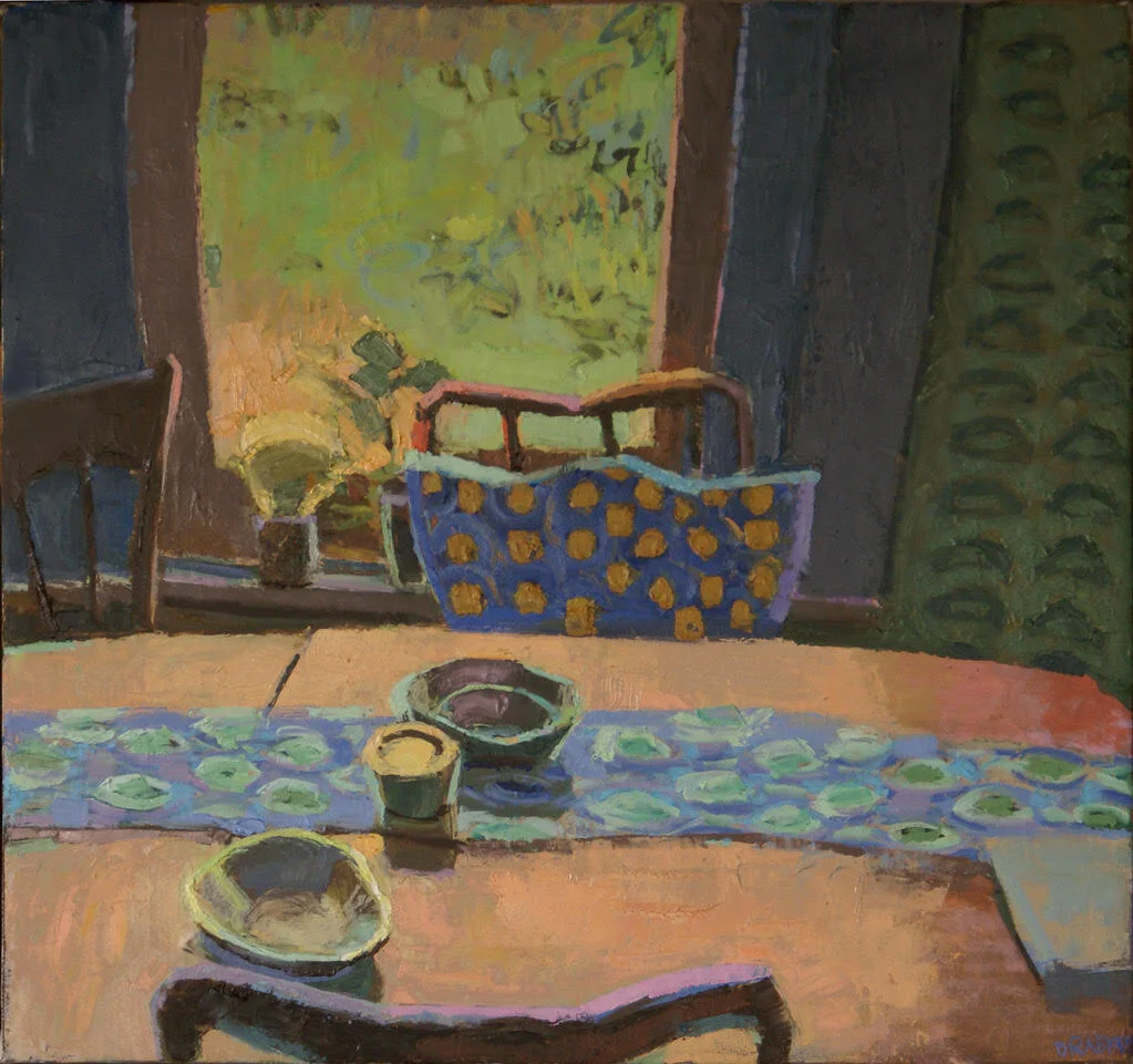 Gouache painting of a table with a cloth placed down the center.  A chair with a pok-a-dotted pillow resides between the table and a window behind it.