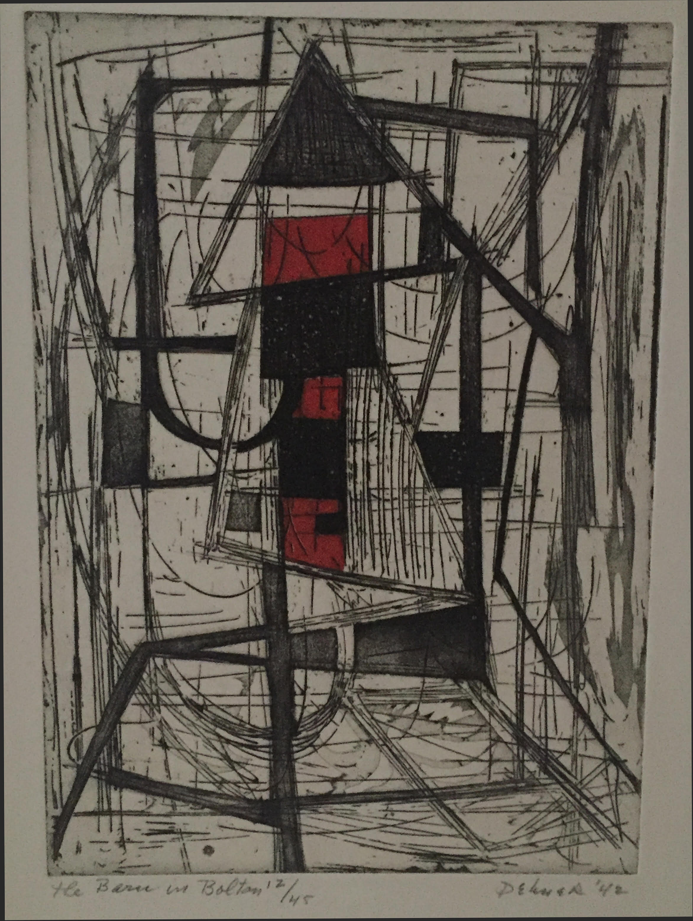 etching of black strokes forming triangular shapes and curves with pops of red in the center