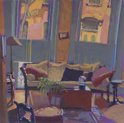 painting of living room with two large windows and a slanted picture frame hanging between them. A couch covered with pillows resides behind a coffee table with a plant on it.