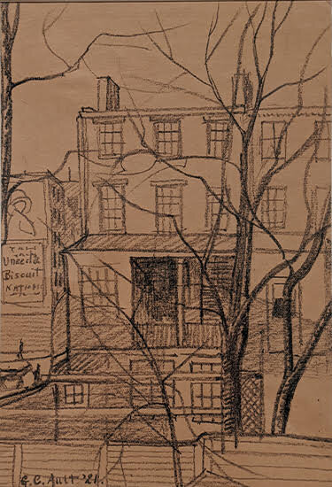 Crayon drawing of building with windows and porch. Tree branches are in the forefront.