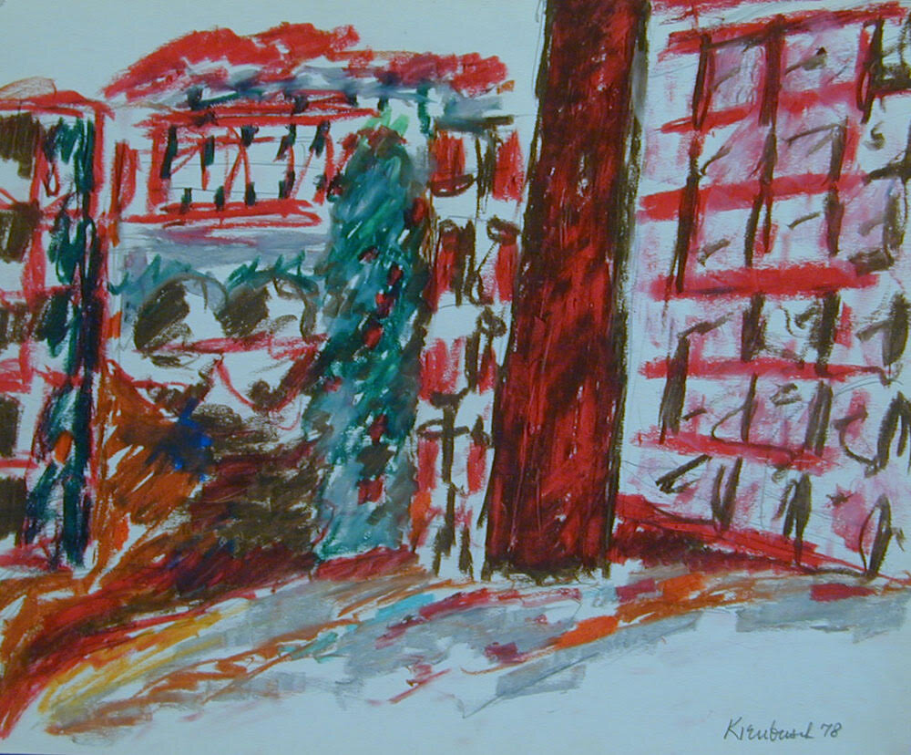 Abstract red buildings and a tree with red details