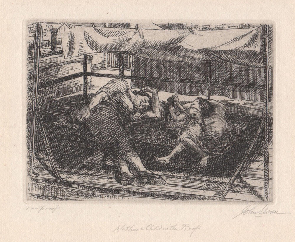 Woman and child lying on roof under hanging laundry