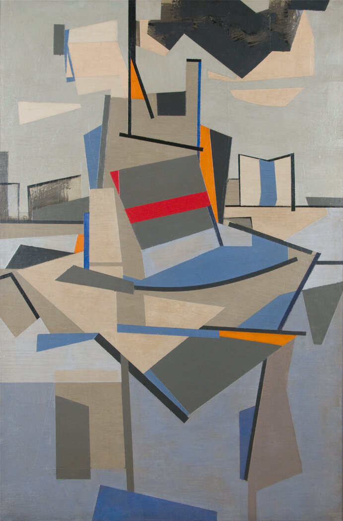 Abstract painting of boat in harder using geometric shapes and shades of blues and grays and a pop of orange and red