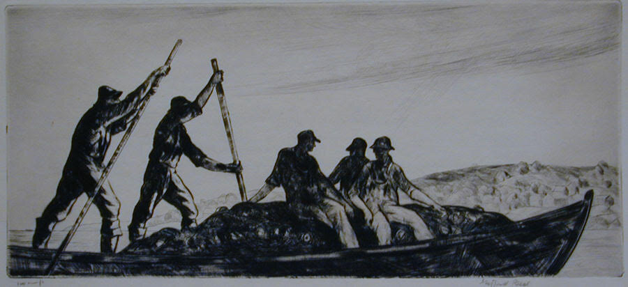 etching of five men on a boat, three seated and the other two standing holding poles and rowing