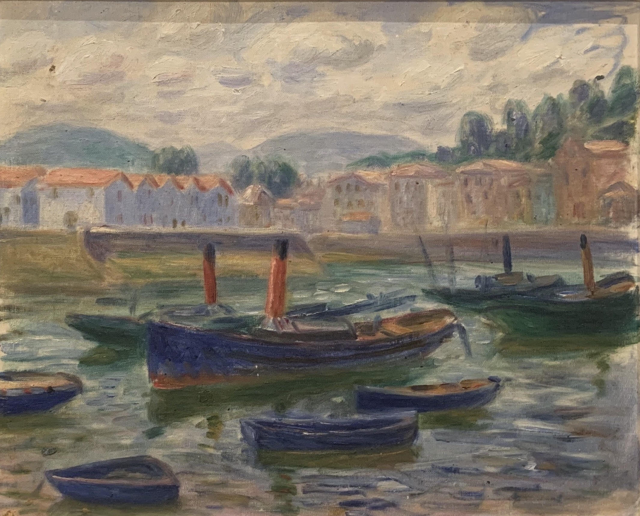 oil painting of boats on the river with buildings and trees in the background