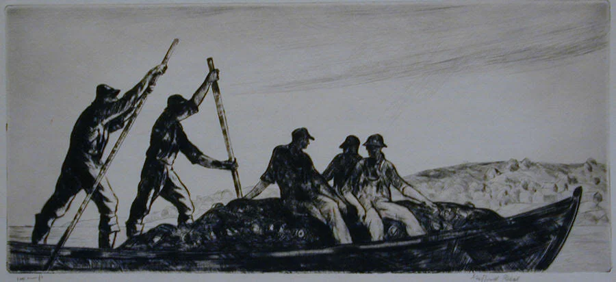 Etching of five men in a boat, three are seated and two are standing with long poles rowing in the back