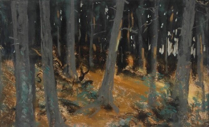 painting of woods at sunset. The ground is a golden yellow and the trunks of the trees a grey but also catching some of the remaining sun