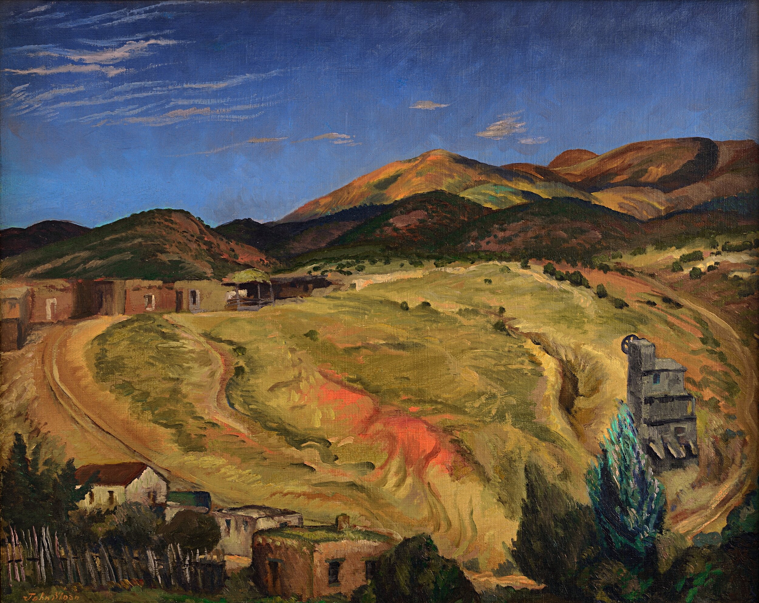 painting of hills in fall colors, yellow, orange, and greens with a blue sky