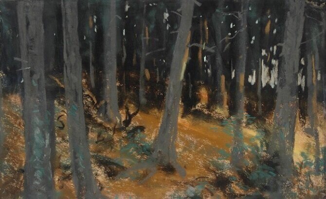 painting of tree trunks with sunlight shining through. Yellow orange ground