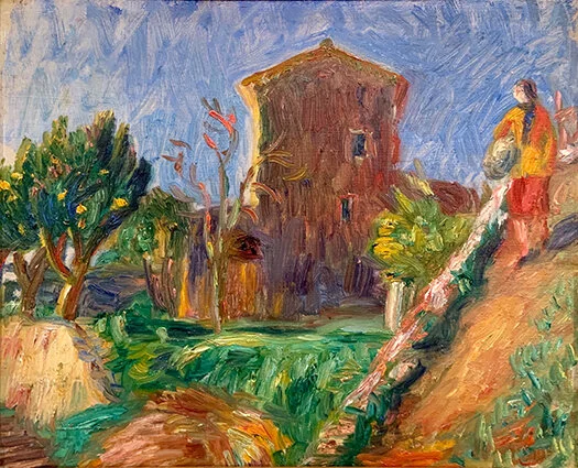 Painting of building and trees. Figure walks down a path towards the foreground.
