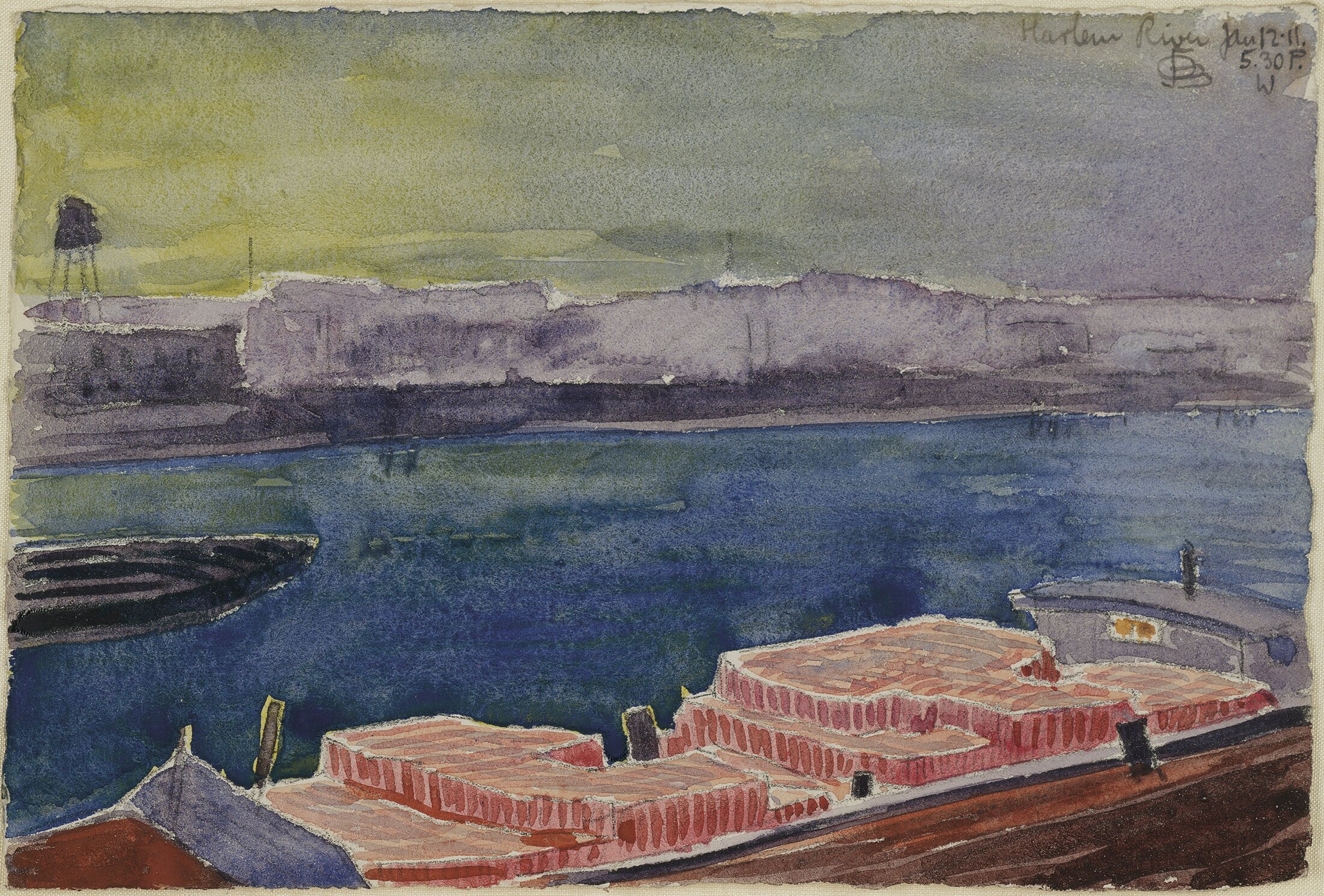 painting of river with cityscape in the background and shipping containers on a boat in the foreground