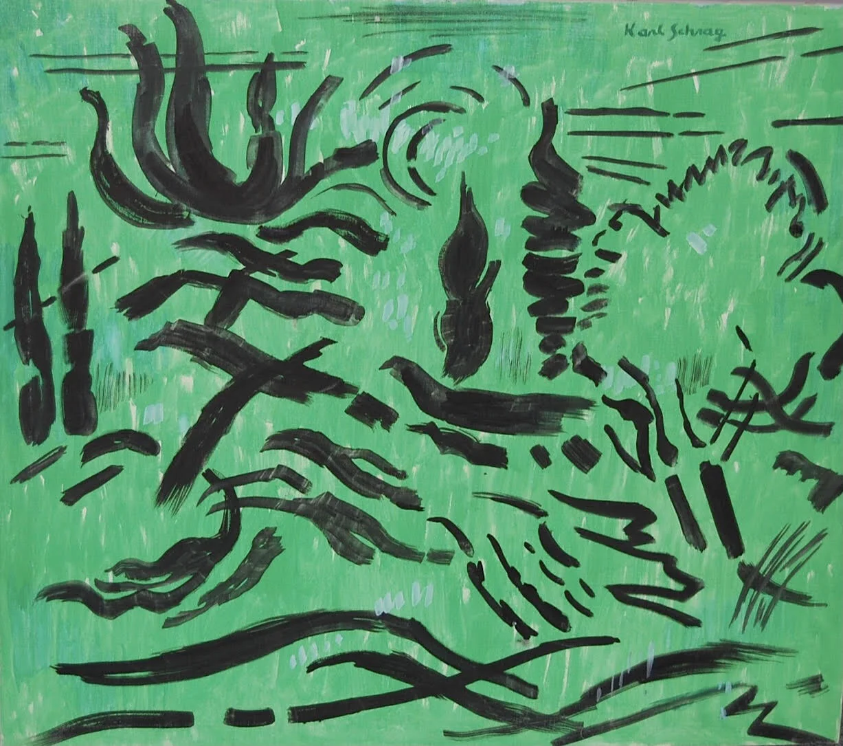 Abstract painting of black trees with a green background.