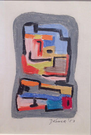 Abstract drawing in grey, red, blue, yellow, and black