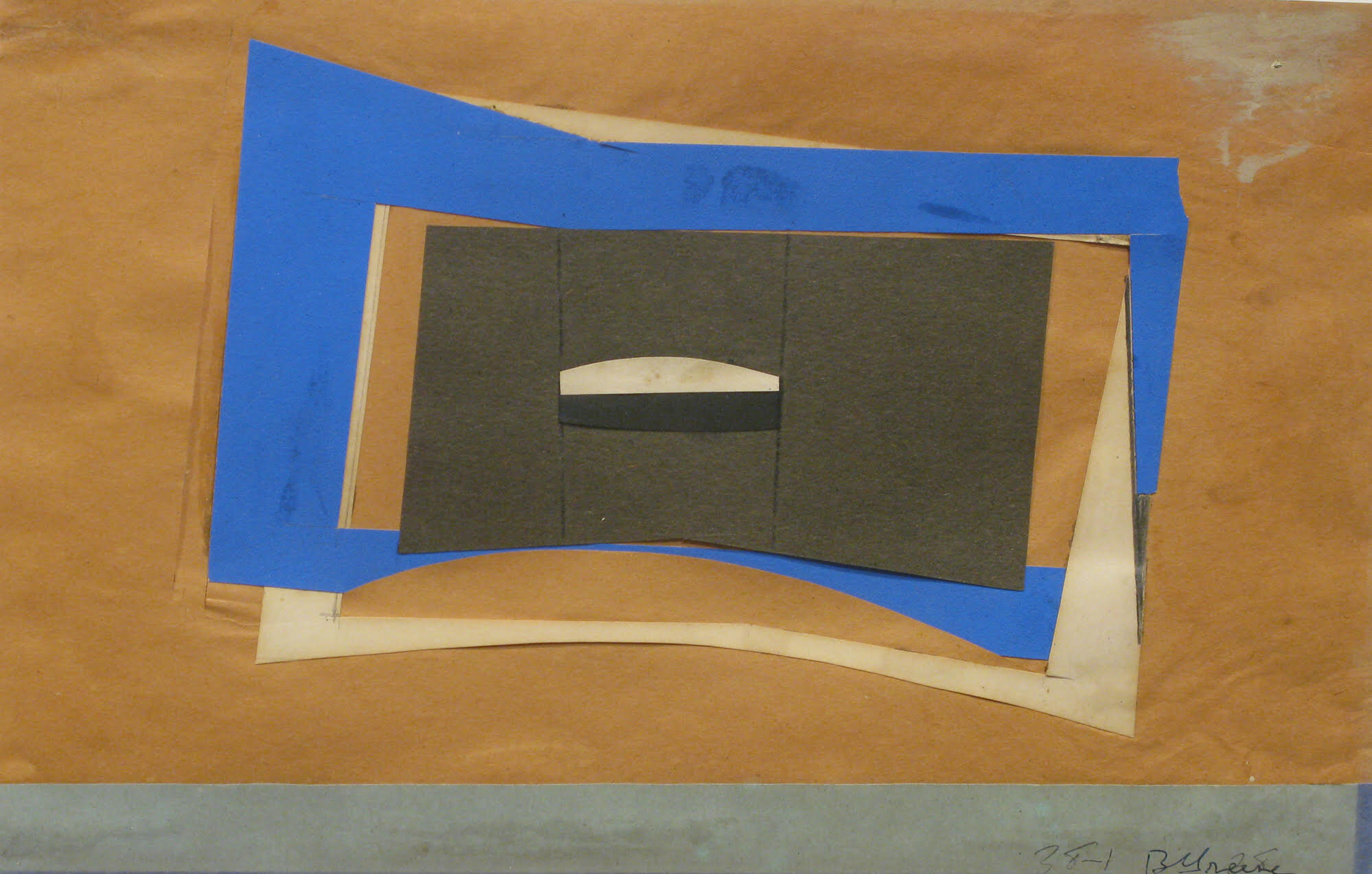 Collage of black and blue shapes on brown paper with grey paper on bottom