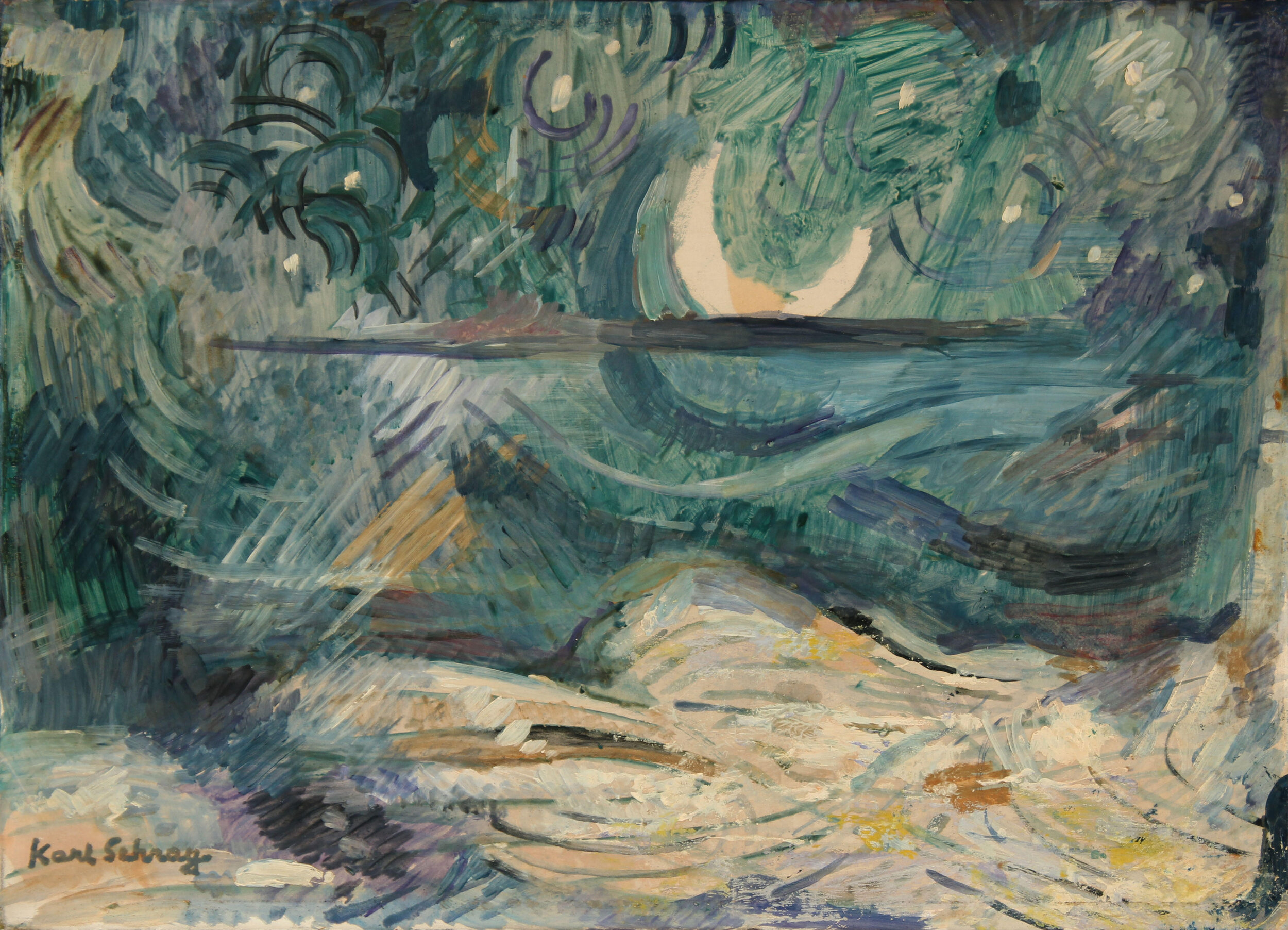 abstract painting with blue, green, white and beige swirls. Rising crescent moon on horizon.