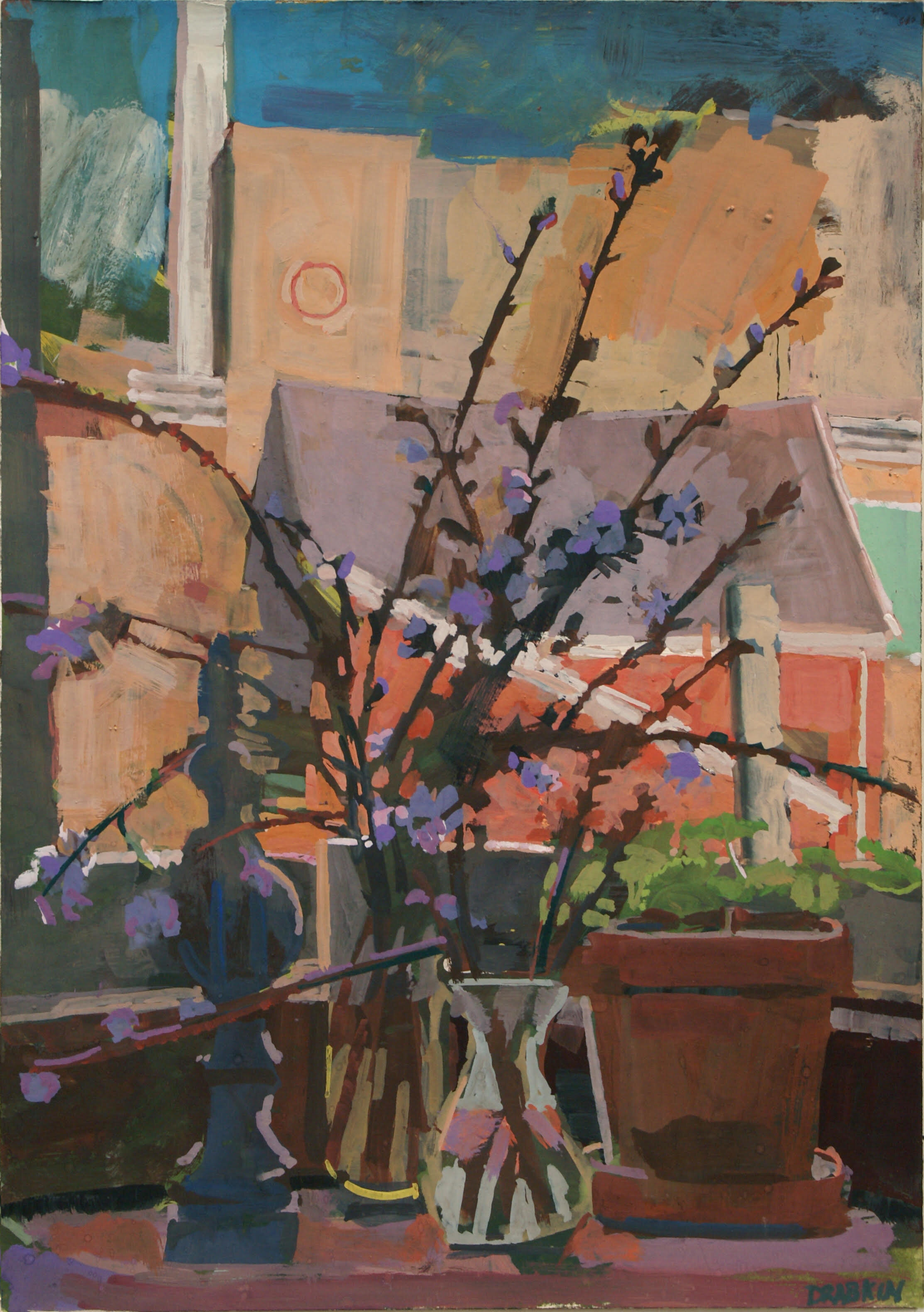 gouache of purple flowers on branches in a vase on a windowsill 