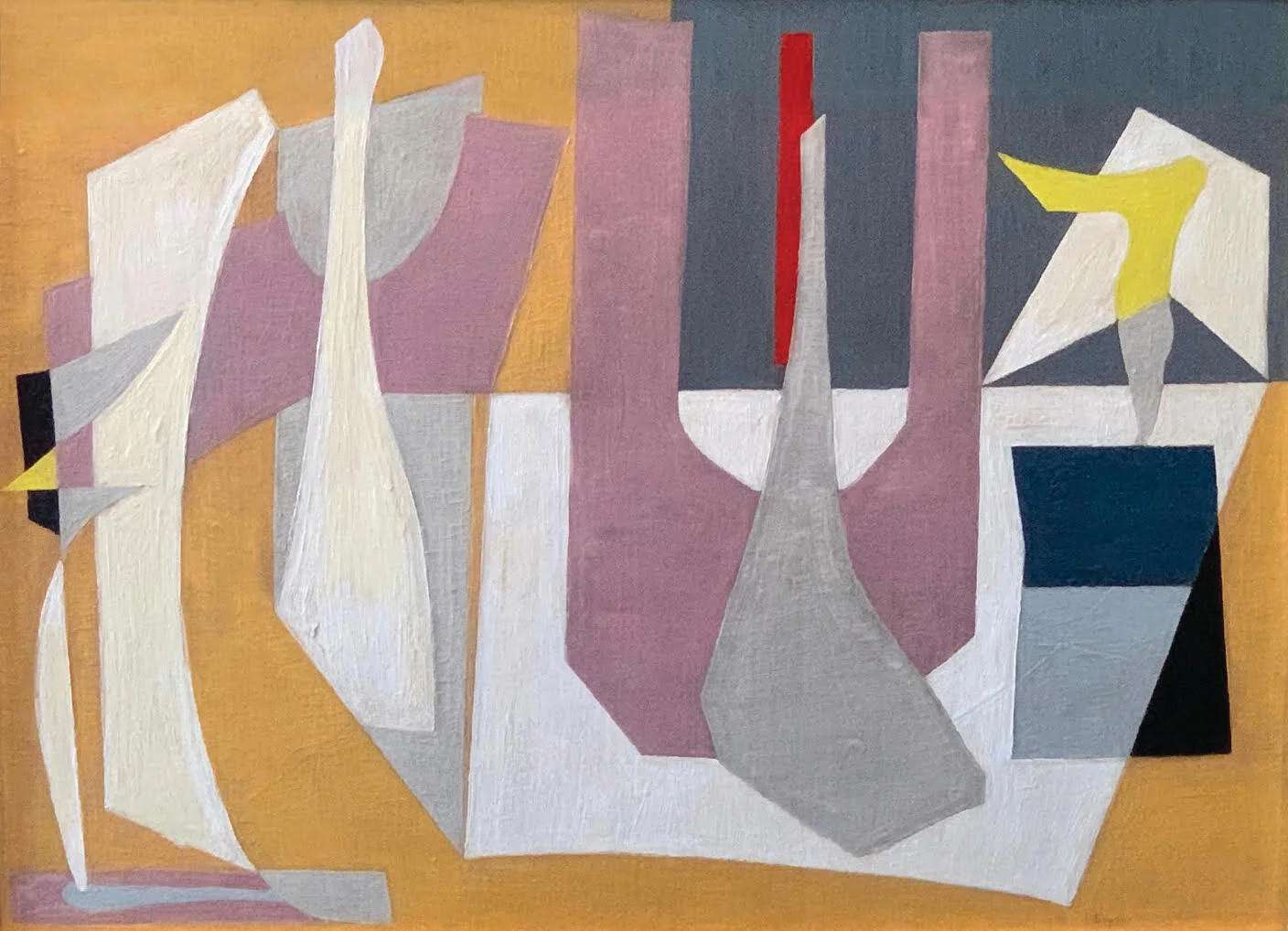 Painting of abstract shapes in yellow, white, grey, pink, red, and black colors