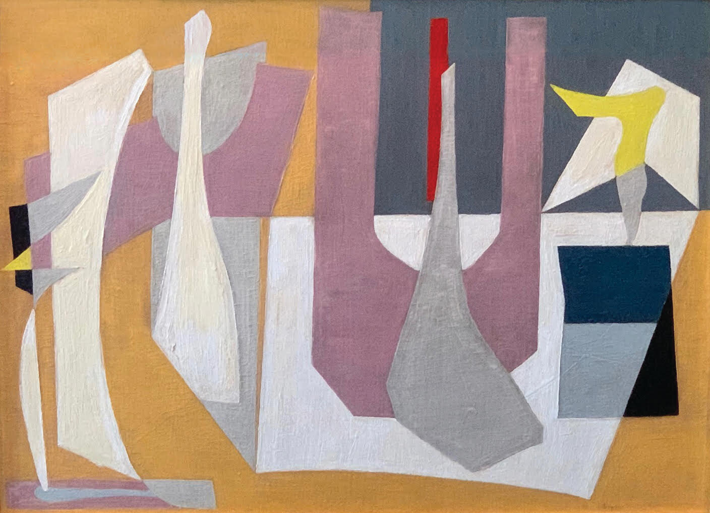 Painting of abstract shapes in yellow, white, grey, pink, red, and black colors