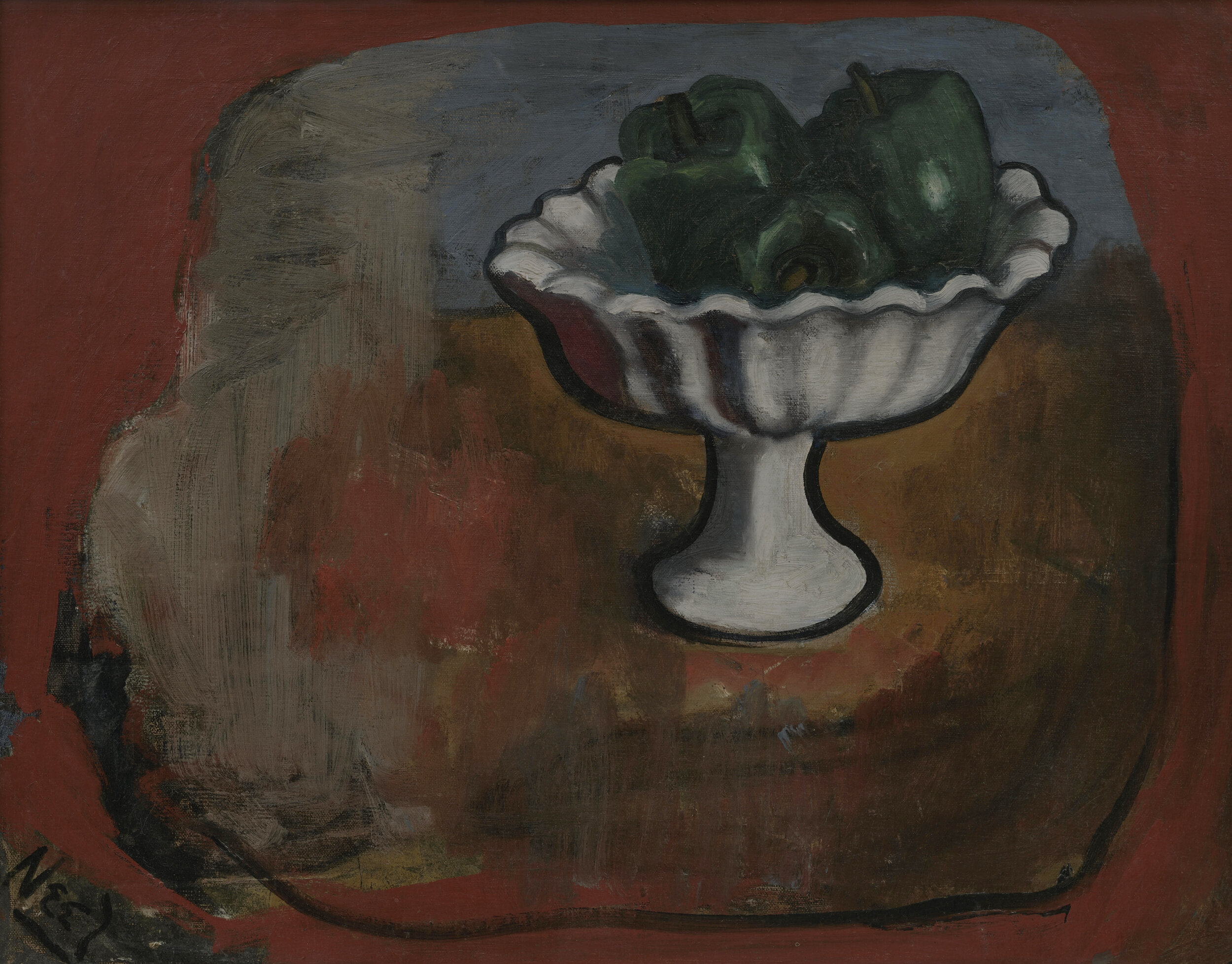 Still life painting of green peppers in a white bowl against a dark red background