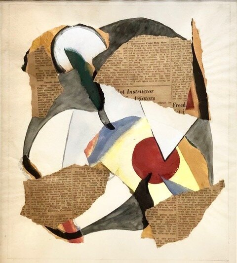 Collage with newsprint and red, white, black, and blue abstract painted shapes