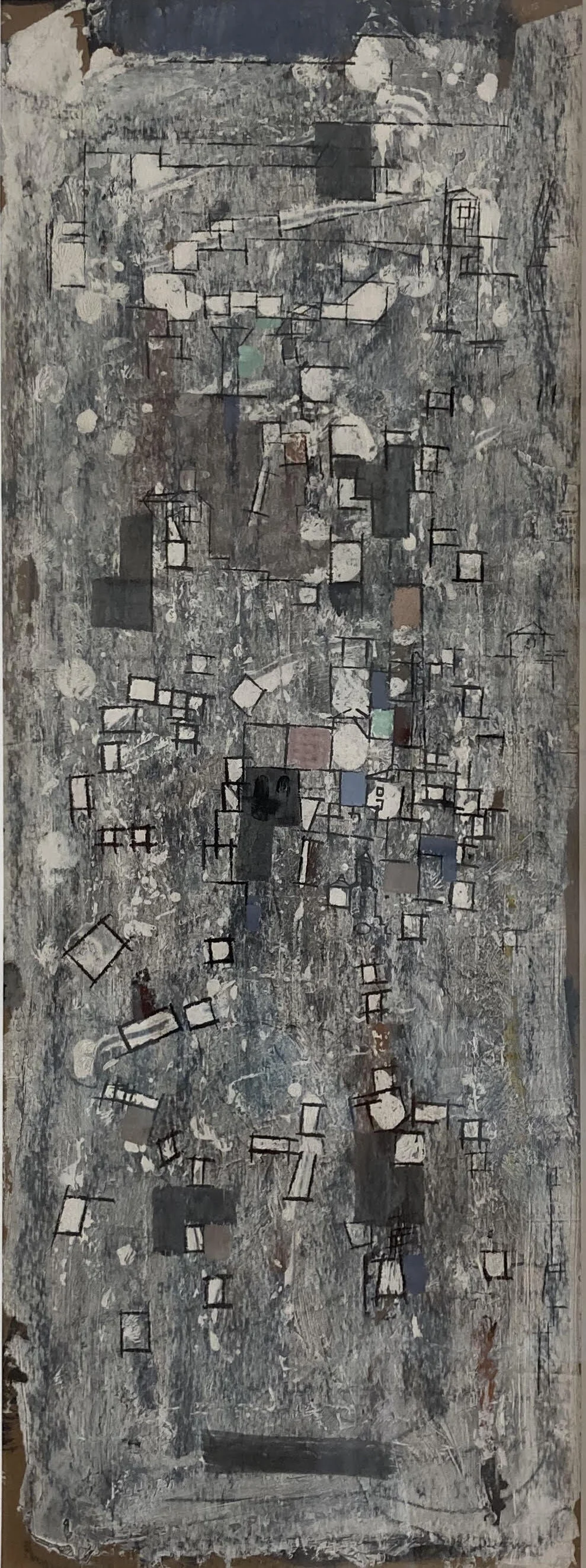 grey painting with black outlined squares and white interiors