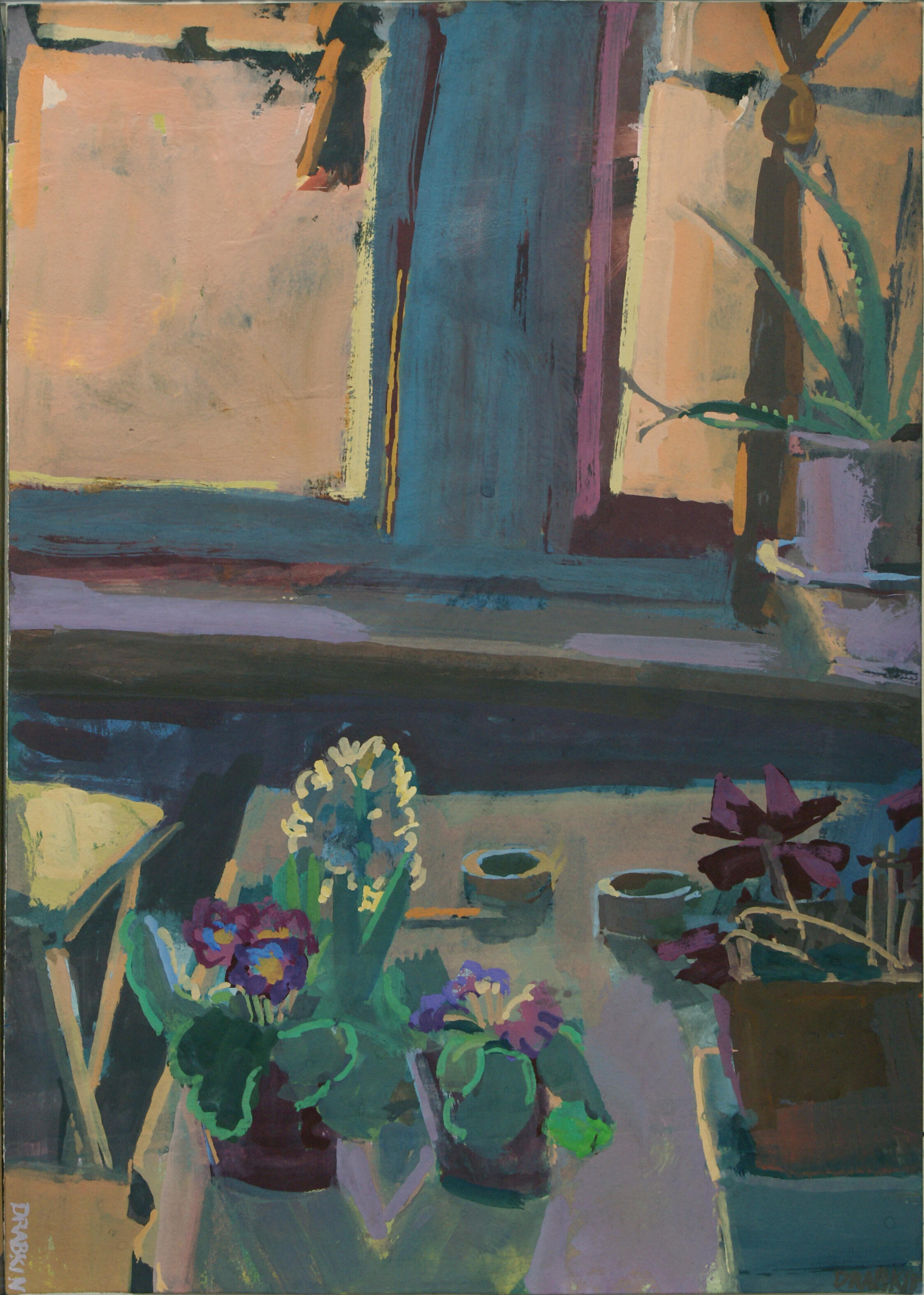 Gouache of plants on a table in front of a window