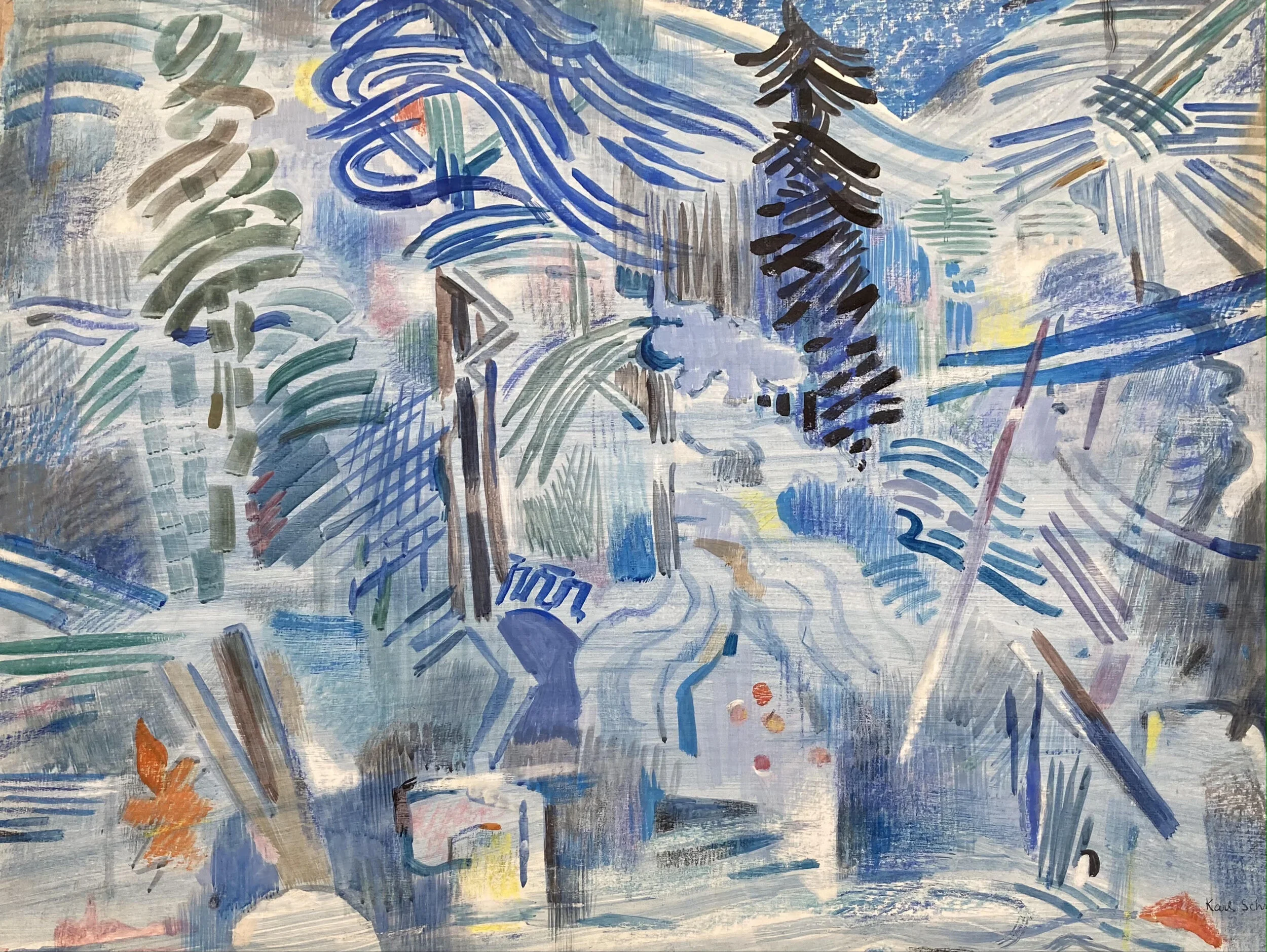 abstract painting of curved and angled lines and brush strokes in blue, green, brown, black, yellow, and orange