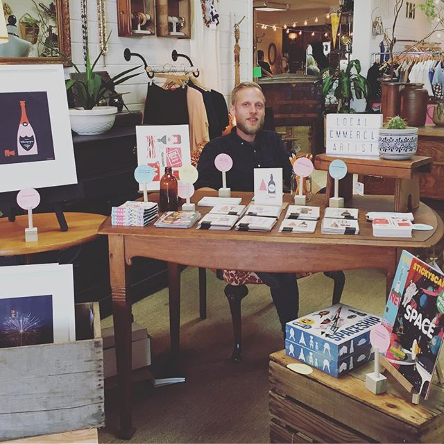Peddling our wares and some of @mrtomfroese's sundry fine printed collection #Abbotsford #wineandartwalk #abbotsfordwine #aandco #commercialart #wineandartwalk2016 #downtownabbotsford