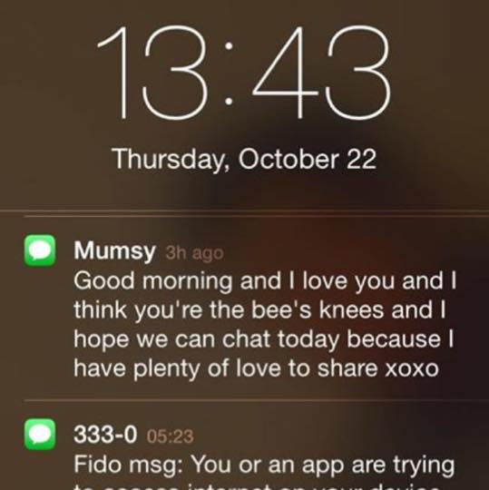 Paige sent me this screenshot by accident of my message to her. So now I know she collects my cyber love notes like I collect hers, and I also found out I'm "Mumsy" in her phone. So cute!