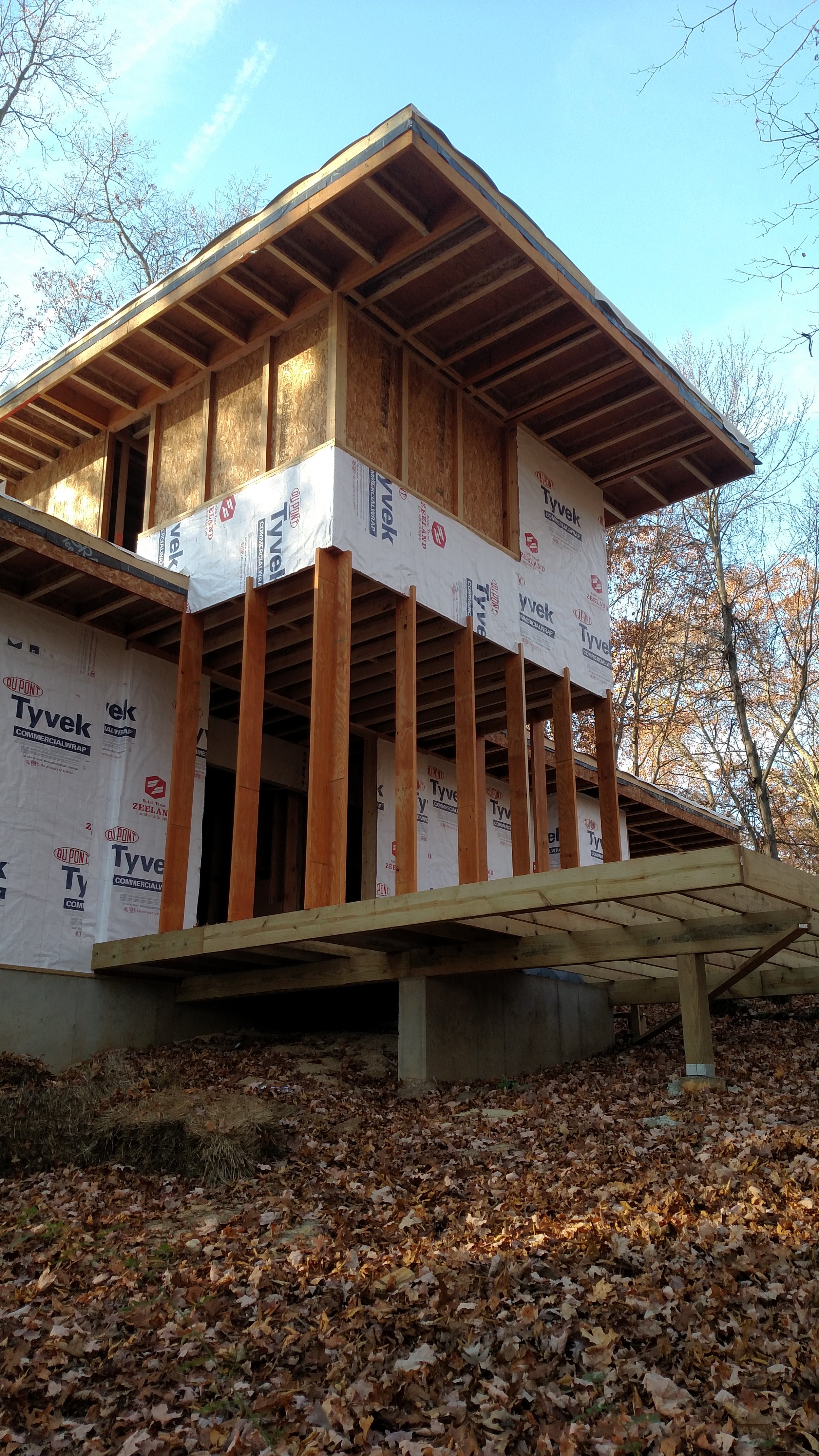 RETREAT TAKING SHAPE Framing and building envelope in progress as winter approaches.